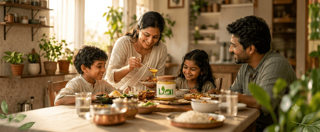 Happy Indian family enjoying wholesome meals with Ilai Organics Ghee